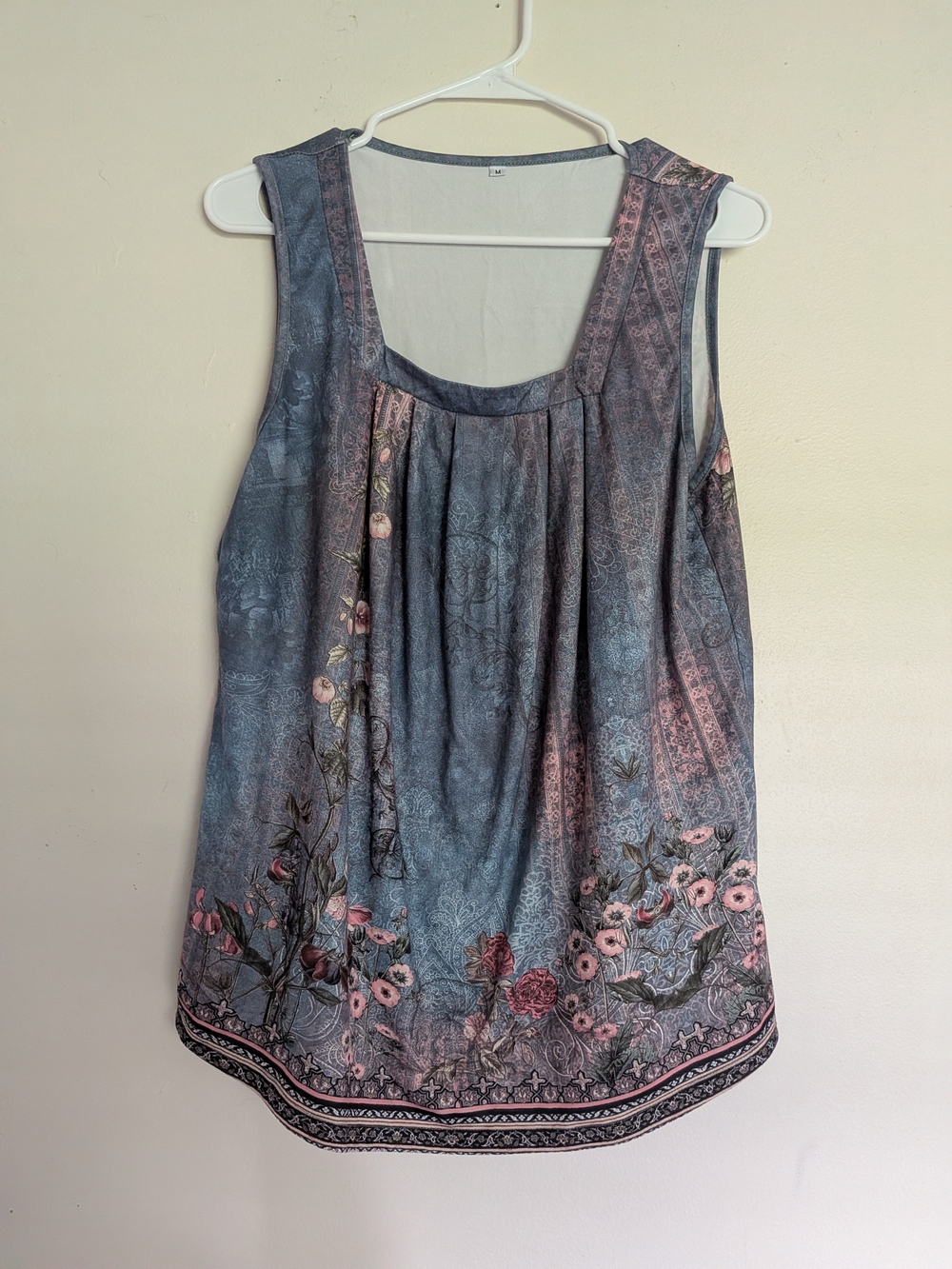 Floral Print Scoop Neck Sleeveless Top - Dusty Blue & Pink